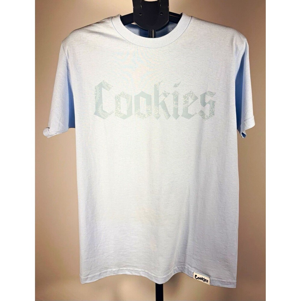 NWOT Cookies Mens M Light Blue Cotton Knit Graphic Logo Crew Neck Short Sleeve